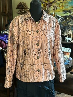 Bleu Bayou Sz L Y2K 100% Silk Pink Button Front Embroidered Women's Jacket